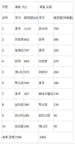 셰일 에너지 종별 상위 10대 매장국 (가채매장량 기준, EIA(2013.6))