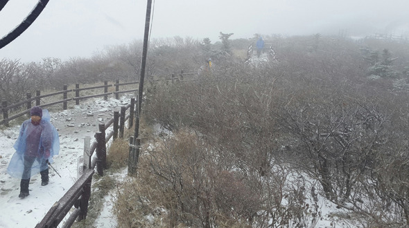 국립공원관리공단 설악사무소는 15일 오전 11시반부터 설악산 중청봉(해발 1676m) 일대에 눈과 비가 섞인 진눈깨비가 내렸다고 밝혔다. 이번 첫눈은 지난해보다 보름이나 빠른 것이다. 2013.10.15/ 국립공원관리공단 제공=뉴스1