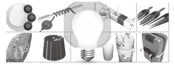 상품화를 앞둔 아이디어 상품들. 1 요리를 나눠 담는뷔페식 접시 ‘곰발바닥’. 2 필기도구 휴대고리 ‘스마트폰 꼬잉’. 3 조립형 전원 장치 ‘모듈형 멀티탭’. 4 네발달린 ‘입체형 포크’. 5 손가락 장갑을 붙인 ‘식중독 예방 과자봉지’. 6 동전을 던져 넣는 ‘퐁당 저금통’. 7 쓰레기봉투 보조도구 ‘꾹꾹이’. 8 바퀴가 달린 벨트를 두른 ‘캐리어 이동 장치’. 특허청·창업진흥원 제공