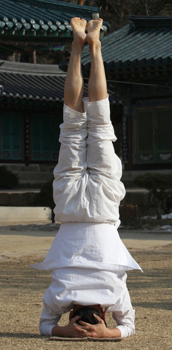 요가의 대중화에 힘쓰고 있는 정강주 한국요가문화협회 회장이 서울 북한산 진관사 경내에서 요가 동작을 보여주고 있다.