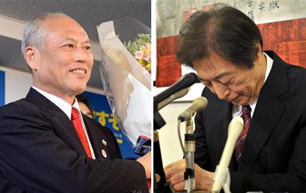 9일 치러진 일본 도쿄 도지사 선거에서 아베 신조 총리와 자민당의 지원을 받아 승리한 마스조에 요이치 후보가 도쿄의 선거운동본부에서 지지자들한테서 받은 축하 꽃다발을 들고 서 있다.(왼쪽 사진) 고이즈미 준이치로 전 총리와 연대해 탈핵 공약을 내걸고 이번 선거에 나선 호소카와 모리히토 전 총리가 9일 선거 패배 뒤 기자회견에서 고개를 숙이고 있다.(오른쪽 사진) 도쿄/AFP 연합뉴스