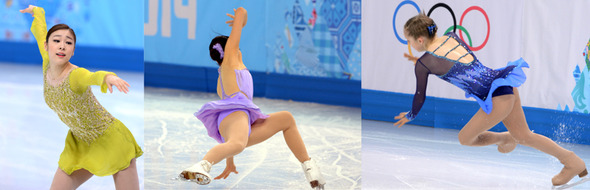 김연아가 20일(한국시간) 러시아 소치 해안 클러스터 아이스버그 스케이팅 팔라스 경기장에서 열린 피겨 스케이팅 여자 싱글 쇼트프로그램에서 '어릿광대를 보내주오' 선율에 맞춰 환상적인 연기를 펼치며 기술점수(TES) 39.03점 예술점수(PCS) 35.89점을 받아 총점 74.92점을 기록하며 1위에 올랐다.경쟁상대로 여겨지던 일본의 아사다 마오와 러시아의 율리아 리프니츠카야는 여자 싱글 쇼트프로그램에서 연기를 펼치다 점프 실수로 넘어져 각각 16위와 5위를 차지했다. 사진 왼쪽부터 김연아, 아사다 마오, 율리아 리프니츠카야. 2014.2.20/뉴스1