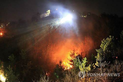 24일 오후 7시14분께 양양 낙산사 해수관음상 뒤편 야산에서 산불이 발생 잡목 등을 태우고 1시간여 만에 진화된 가운데 산 아래에서 발화된 산불이 바람을 타고 위쪽으로 번지고 있다.(양양=연합뉴스)
