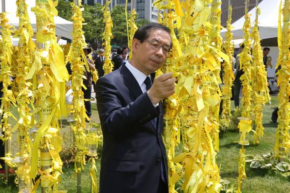 박원순 서울시장이 지난해 5월15일 서울시장 후보 신분으로 서울광장에 마련된 세월호 침몰사고 희생자를 추모하는 ‘노란 리본의 정원’을 둘러보고 있다.   공동취재사진