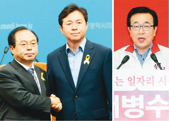 오거돈 무소속 부산시장 후보(왼쪽)와 김영춘 새정치민주연합 후보가 16일 부산시의회에서 오 후보로 단일화를 확정했음을 발표한 뒤 악수하고 있다.(왼쪽 사진) 서병수 새누리당 부산시장 후보가 16일 부산시의회에서 기자회견을 열어 김영춘 새정치민주연합 후보와 오거돈 무소속 후보의 단일화에 대해 “후보 단일화는 인위적으로 짝짓기를 하는 반칙 정치”라고 비판하고 있다.(오른쪽 사진) 부산/연합뉴스