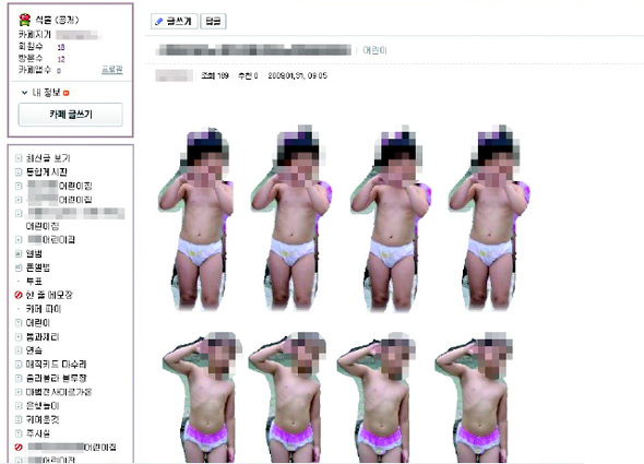 어린이집 누리집 등에 공개된 어린이 사진을 모으고 어린이를 성적 대상화한 한 카페의 일부 게시물 갈무리.