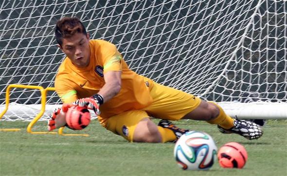 골키퍼 정성룡이 1일 오후(한국시각) 미국 플로리다주 마이애미 세인트토머스대학교 축구장에서 빠른 슈팅을 막는 능력을 키우기 위해 핸드볼 공보다 작은 ‘스킬볼’로 훈련을 하고 있다. 마이애미/연합뉴스