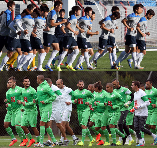 알제리와 일전을 앞둔 한국축구대표팀 선수들이(사진 위) 20일 오전(이하 한국시간) 축구 대표팀 베이스캠프인 브라질 포스 두 이구아수의 페드로 바소 경기장에서 본격적인 훈련에 나서고 있다. 아래는 브라질 상파울루주 소로카바의 클럽 아틀레티코 소로카바에서 훈련에 나서는 알제리 축구 대표팀선수들. 한국과 알제리는 오는 23일(한국시간) 브라질 포르투알레그리의 베이라히우 주경기장에서 조별리그 H조 2차전 한국과의 경기를 치른다.(이구아수=연합뉴스)