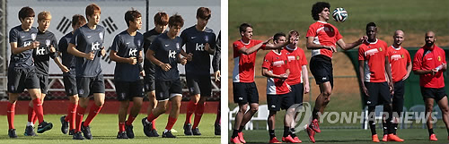 2014 브라질 월드컵 조별리그 H조 3차전을 앞둔 한국 축구대표팀과 벨기에 축구대표팀이 24일 오전, 오후(이하 한국시간) 브라질 이구아수와 모지다스크루지스에서 각각 팀 훈련을 하고 있다. (이구아수·모지다스크루지스=연합뉴스)