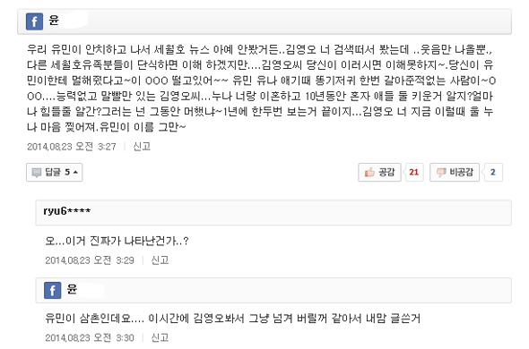 윤아무개씨가 김영오씨 단식에 대한 악의성 내용을 올린 기사 댓글