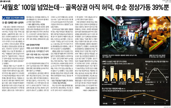 조선일보 8월4일자 4면에 실린 기사. 전국적인 애도 분위기가 지속되면서 지방자치단체들은 여전히 지역축제나 행사를 꺼리고, 기업들도 선뜻 대규모 대외 행사 재개에 나서지 않고 있다. 일반 시민들마저 씀씀이를 줄이면서 내수 의존도가 높은 영세상인들과 골목 상권이 직격탄을 맞았다”고 주장했다. 조선일보 캡쳐 (※클릭하면 확대됩니다)