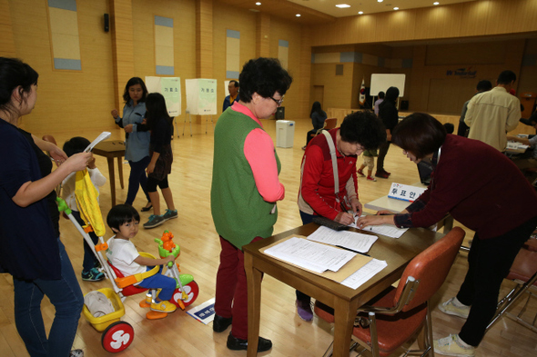 9일 오후 강원 삼척시 교동 제3투표소에서 원자력발전소 유치 찬반을 묻는 주민투표가 진행되고 있다.  
류우종 기자 wjryu@hani.co.kr