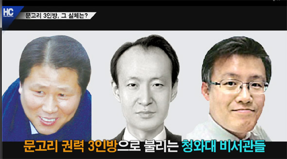 청와대 문고리 3인방. 왼쪽부터 안봉근, 이재만, 정호성 비서관. 영상 갈무리