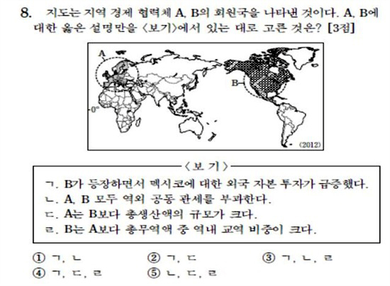 16일 항소심 법원이 1심을 뒤집고 ‘오류’를 인정한 2014학년도 대학수학능력시험 사회탐구영역 세계지리 8번 문항. 북미자유무역협정(NAFTA)과 유럽연합(EU)을 표시한 뒤 지문 4개(㉠~㉣) 중 옳은 것만 모아놓은 보기를 고르는 문제다. 평가원은 보기 ②번(㉠, ㉢)이 정답이라고 채점했지만, 항소심 재판부는 2012년 기준으로 북미자유무역협정의 총 생산액이 유럽연합을 추월했기 때문에 ㉢지문은 틀린 설명이라고 판단했다. 한국교육과정평가원 제공