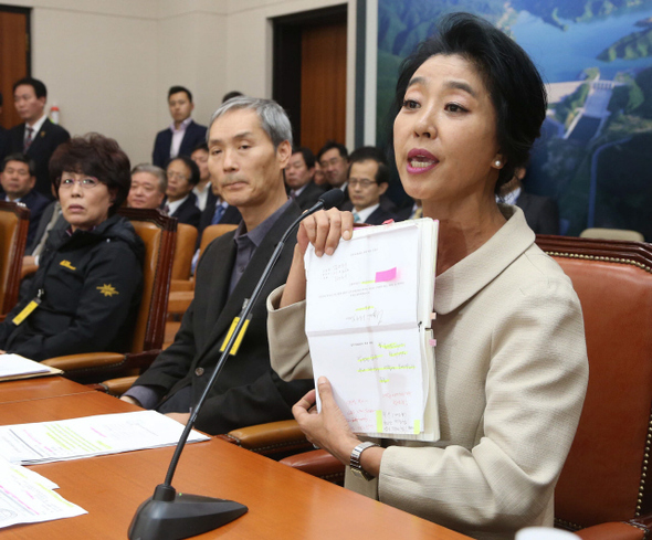 아파트 난방비 비리 의혹을 제기한 배우 김부선씨가 27일 오후 국회에서 열린 국토교통위원회 국정감사에 참고인으로 출석해 아파트 난방비 부당청구에 대한 의원들의 질의에 관련 문건을 들어 보이며 답하고 있다. 그는 “500여가구 중 100가구 이상이 난방비 제로라는 이야기를 들었음에도 관할구청이나 서울시는 주민자치의 문제이니 알아서 해결하라고 해 전 재산을 털어 변호사를 선임하고 소송을 했다. 진실은 더디지만 반드시 드러나게 돼 있다”고 말했다. 
이정우 선임기자 woo@hani.co.kr