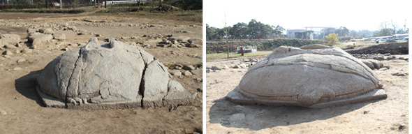 고려시대로 추정되는 비석 귀부 측면(왼쪽)과 후면(오른쪽). 사진제공 국립중원문화재연구소