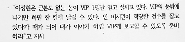 청와대 공직기강비서관실이 작성한 ‘청와대 비서실장 교체설 등 브이아이피 측근(정윤회) 동향’ 감찰보고서 가운데 이정현 전 청와대 홍보수석(새누리당 의원) 관련 부분. <세계일보> 누리집 갈무리