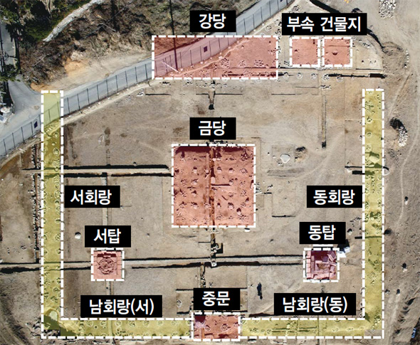 항공촬영한 울산 영축사지 전체 모습과 발굴조사를 통해 확인된 가람배치 현황. 울산박물관 제공
