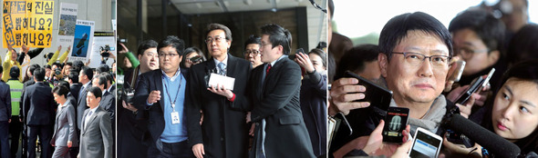 박근혜 대통령이 지난해 10월2일 국회 시정연설을 마치고 세월호 유가족들의 외침을 무시한 채 걸어가고 있다(맨 왼쪽). 국정 개입 의혹 논란의 중심에 섰던 정윤회씨(가운데)와 박지만 EG 회장이 지난해 12월 검찰 조사를 받기 위해 각각 출석하고 있다. 한겨레21