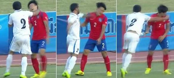 한국 U-22 이하 대표팀의 심상민(오른쪽) 선수가 22살 이하 킹스컵 1차전 경기 중 상대 선수에게 세 차례나 가격당했다. 대한축구협회는 경기 중 과도한 폭력에 대해 조직위원회에 공식적으로 항의했다.