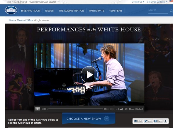 백악관에서 열린 공연을 볼수 있는 미국 백악관 홈페이지. http://www.whitehouse.gov/performances