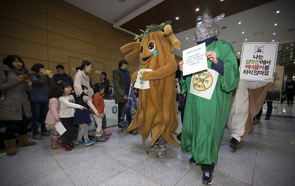 ‘유엔 제정 제2회 세계 야생 동·식물의 날‘인 3일 오후 인천 서구 경서동 종합환경연구단지 안에 있는 국립생물자연관 전시교육동에서 녹색연합 회원들이 야생동식물의 서식처를 위협하는 박근혜 정부 정책 철폐를 주장하며 야생동물 복장을 하고 행사장 안으로 들어가고 있다. 인천/김성광 기자 flysg2@hani.co.kr