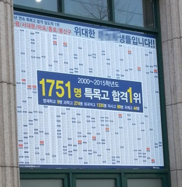 16년간(2000-2015)의 입시 실적을 대형 홍보물로 제작해 게시하고 있는 학원.