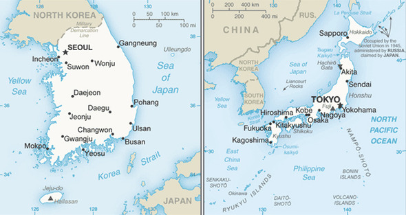 미국 국무부가 독도의 미국식 표기인 ‘리앙쿠르암’(Liancourt Rocks)을 일본편 여행지도에는 포함시키고 한국편 여행지도에는 표시하지 않은 것으로 15일 확인돼 논란이 일고 있다. 사진 왼쪽은 국무부 한국편 지도, 오른쪽은 일본편 지도. 2015.3.16 / 워싱턴=연합뉴스