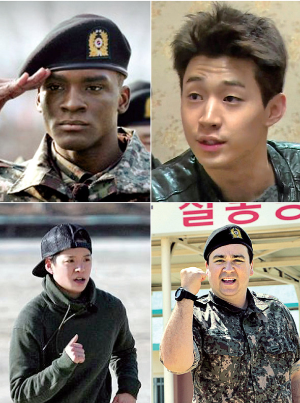 샘 오취리, 헨리, 샘 해밍턴, 엠버(위 왼쪽부터 시계방향). 〈일밤-진짜 사나이〉에 출연한 외국인들은 어김없이 ‘떴다’. 이들의 인기는 “쟤들도 한국인 다 됐네”라는 안도와 쾌감에서 나온다.  MBC 제공