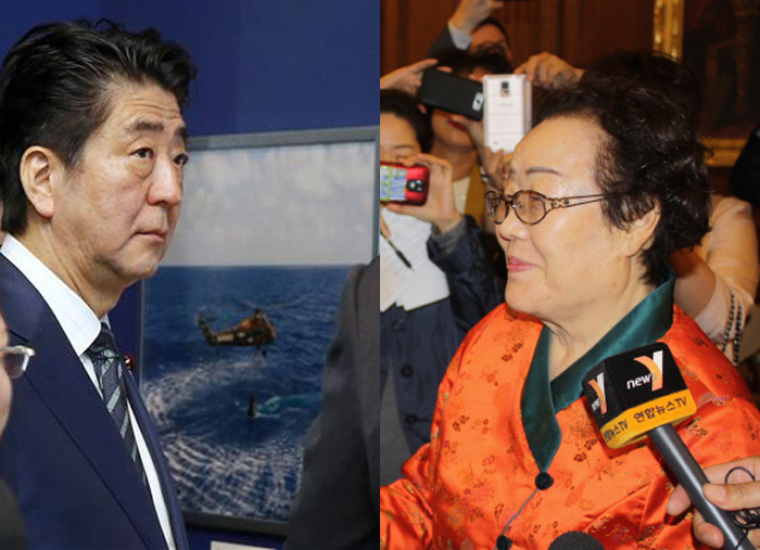 미국을 방문중인 아베 신조 일본 총리가 26일 보스턴에 있는 JFK도서관을 방문하는 모습.(왼쪽) 이용수 할머니가 지난 21일 워싱턴 의사당을 방문하는 모습. 