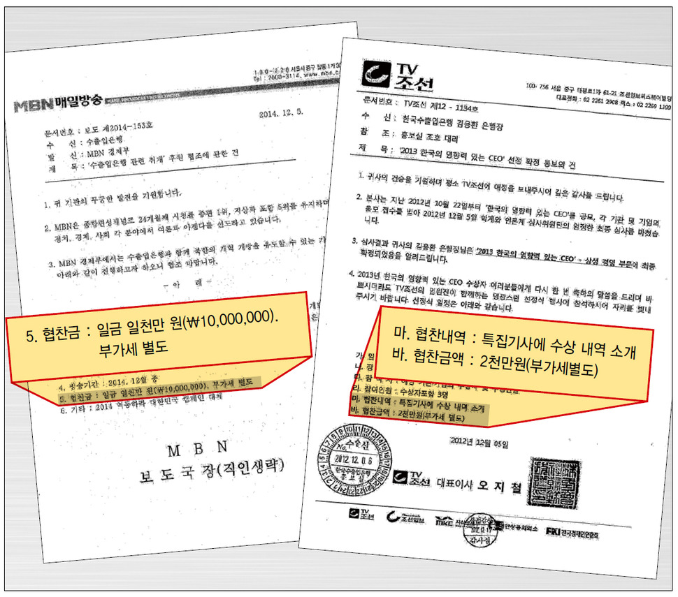 최민희 의원실이 입수한 <엠비엔>과 <티브이조선>의 협찬 요청 공문. 엠비엔 공문은 명의가 ‘보도국장’으로 되어 있고, 티브이조선 공문은 ‘영향력 있는 시이오(CEO)’ 선정 결과를 알리면서 협찬 요청 내용을 함께 담고 있다. 최민희 의원실 제공