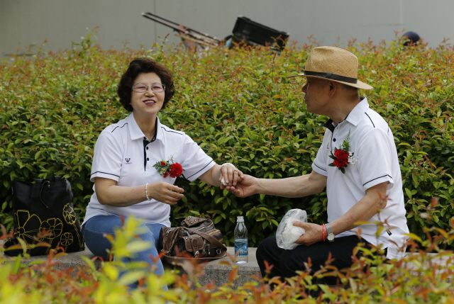 어버이날을 하루 앞둔 7일 오후 왼쪽 가슴에 붉은 카네이션을 단 심현진(73·오른쪽), 홍숙애(67)씨 부부가 서울 종로구 종묘공원에서 함께 떡을 나눠 먹고 있다. 부부의 연을 맺은 지 올해로 44년째이지만, 여전히 마주보는 시선 끝에는 웃음꽃이 피어난다. 이종근 기자 <A href="mailto:root2@hani.co.kr">root2@hani.co.kr</A>