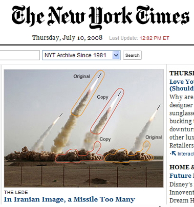 2008년 7월9일 이란 혁명수비대가 공개한 장거리 탄도미사일 발사실험 사진을 그대로 실은 뉴욕타임스