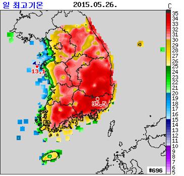 5월26일 낮 최고기온 분포.