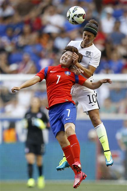 여자축구 대표팀의 지소연(7번)이 2015 캐나다 여자월드컵을 앞두고 31일(한국시각) 미국 뉴저지에서 열린 미국과의 평가전에서 상대팀의 미드필더 칼리 로이드(10번)와 공중볼을 다투고 있다. 이날 여자축구 대표팀은 세계 최강팀인 미국에 0-0으로 비겼다. 총 24개국이 겨루는 여자월드컵은 6월6일 캐나다에서 개막한다. 
 연합뉴스
