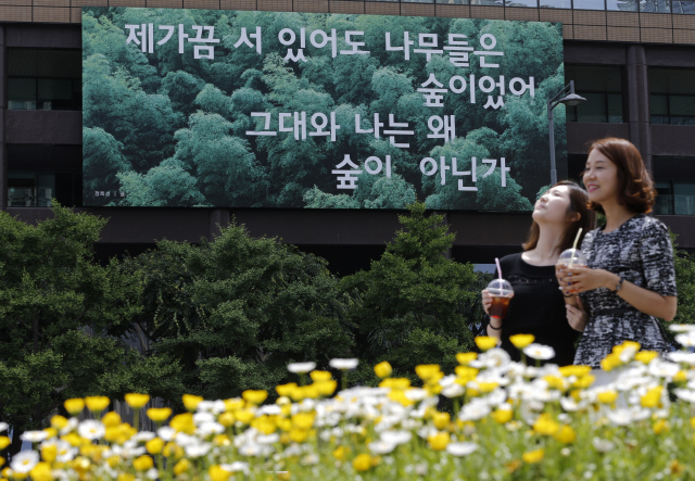  1일 오전 서울 종로구 세종로 ‘광화문글판’이 여름 편으로 바뀌었다. 정희성 시인의 ‘숲’에서 발췌한 시구로, 서로의 개성을 존중하고 배려하는 나무로부터 공존의 지혜를 배우자는 메시지를 담았다고 교보생명은 밝혔다. 
이종근 기자 root2@hani.co.kr 