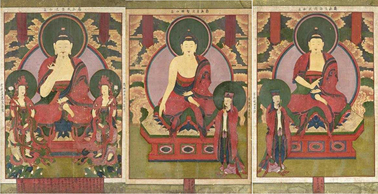 왼쪽부터 치성광여래도(1폭), 광달지변여래도(5폭), 법해유희여래도(6폭). 도판 국외소재문화재재단 제공 