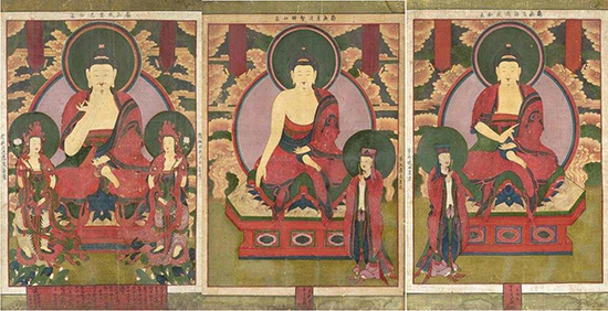 범어사가 스위스 경매에서 사들여 환수한 칠성도 3점. 왼쪽부터 치성광여래도(1폭), 광달지변여래도(5폭), 법해유희여래도(6폭). 도판 국외소재문화재재단 제공. 