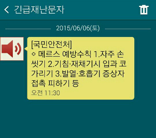 국민안전처가 메르스 발병 17일 만인 6일 보내 뒷북과 무성의로 공분을 일으킨 문자 메시지.