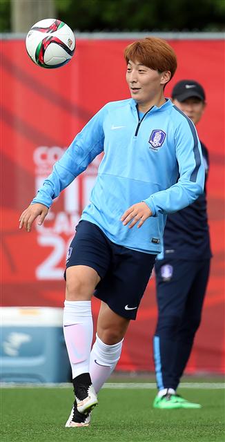 박은선이 16일(한국시각) 캐나다 오타와 앨곤퀸 대학교 훈련장에서 윤덕여 감독이 지켜보는 가운데 훈련을 하고 있다. 오타와/연합뉴스