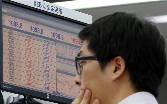  22일 미국의 점진적 금리 인상 가능성과 월말을 앞둔 수출업체의 달러화 매도 영향으로 원-달러 환율이 지난달 22일 이후 한 달 만에 1100원 아래로 떨어졌다. 이날 서울 외환시장에서 원-달러 환율은 1달러에 1098.8원으로 전 거래일보다 8.3원 내렸다. 이날 오후 서울 을지로 외환은행 본점 딜링룸에서 직원이 거래를 하고 있다.  
연합뉴스