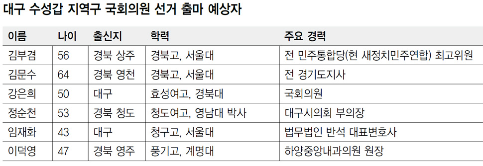 대구 수성갑 지역구 국회의원 선거 출마 예상자