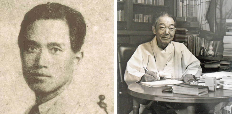 1946년 월북해 1970년을 전후해 숙청당한 것으로 알려진 이태준의 거의 유일한 사진(왼쪽)과 미당 서정주가 생전에 자택에서 원고를 쓰는 모습. 이태준과 서정주의 작품을 한데 모은 전집이 출간되었다. <한겨레> 자료사진