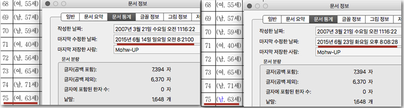 75번째 확진자의 성별을 여성으로 표시한 14일치 문서(왼쪽)와 23일 남성으로 수정해 다시 게시판에 올린 문서.