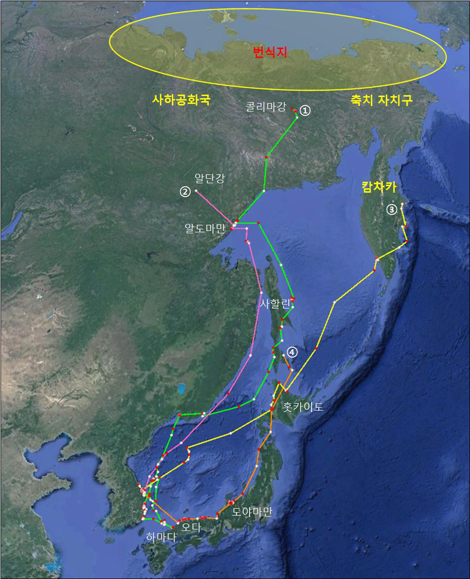 ① 삼척→일본 하마다시(370㎞)→울산(250㎞)→포항(97㎞)→러시아 알도마만(2410㎞)→콜리마강(1160㎞)
② 삼척→러시아 알도마만(2270㎞)→알단강(420㎞)
③ 삼척→동해(17㎞)→일본 홋카이도(1380㎞)→러시아 캄차카(1860㎞)
④ 삼척→일본 오다시(370㎞)→도야마만(460㎞)→홋카이도(805㎞)→러시아 사할린(440㎞)