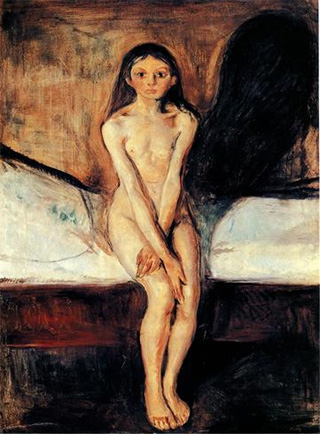 뭉크의 <사춘기>(1895) 속 그림자는 심지어 소녀를 덮칠듯 보인다.