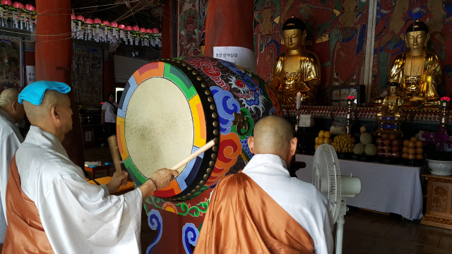 새로 금물을 입힌 대흥사 대웅보전 삼존불 앞에서 승려들이 북을 울리며 축원하고 있다. 사진 노형석 기자