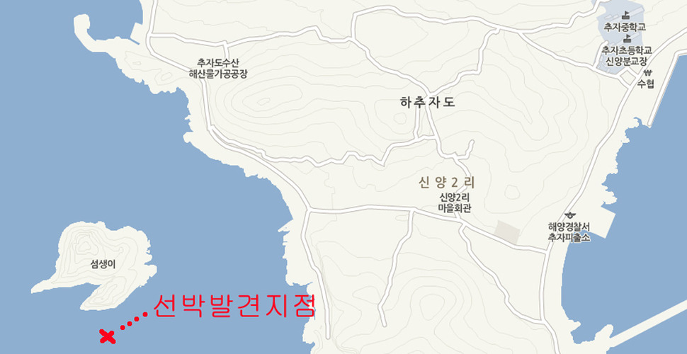 오전 6시25분께 새벽 추자도에서 전복된 채 발견된 낚시어선 ‘돌고래호’의 발견 지점. 연합뉴스