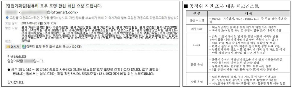 공정거래위원회의 불공정거래 직권조사를 앞둔 시점에서 롯데마트 내부에서 컴퓨터 포맷을 진행하고, 조사 대응 체크리스트를 만들어 납품업체 부당 강요 서류를 삭제하도록 하는 등 증거를 은폐한 정황을 시사하는 전자우편 자료. 강기정 의원(새정치민주연합) 제공 (※ 클릭하면 확대 됩니다)