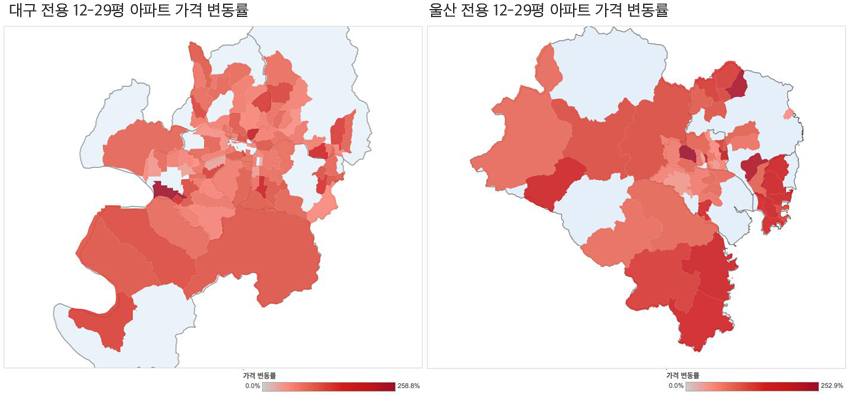 2006년과 2015년, 대구와 울산 아파트 매매 가격 변동률 지도